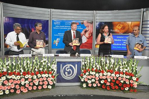 (L to R): Dr. N.K Dhamija, Assistant Commissioner Immunisation,MOFHW, Mr Q.W Naqvi, Director News, Television Today Network, Mr. David McLoughlin, Deputy Representative UNICEF India, Ms. Angela Walker, Chief of Advocacy & Partnerships, UNICEF India and Prof. S.N Singh at the launch of the UNICEF and IGNOU  partnership. The UNICEF booklet 