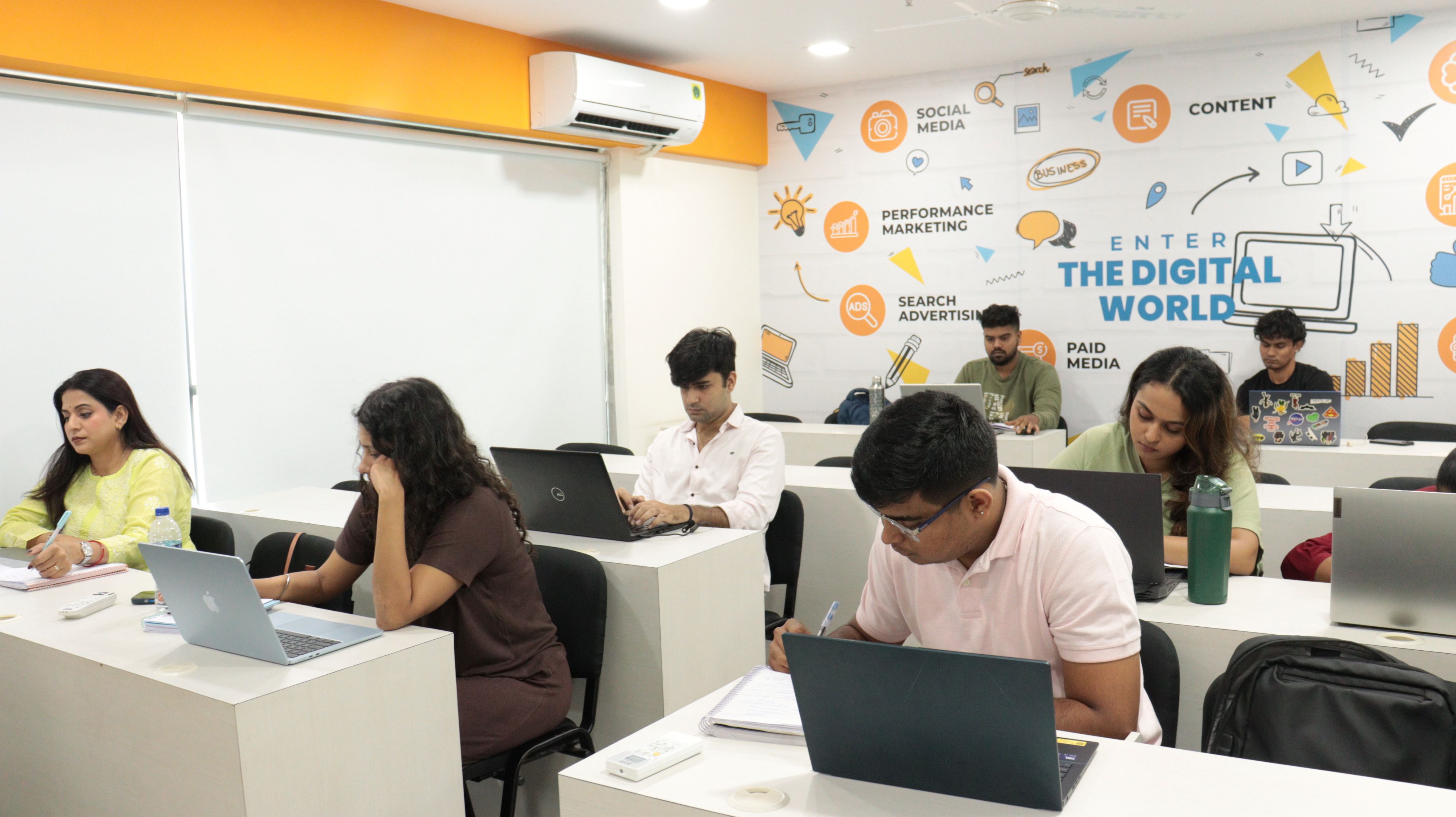 Students learning digital marketing in classroom