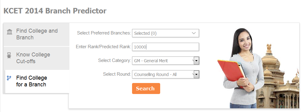 KCET 2014 College Predictor: Find college for a branch