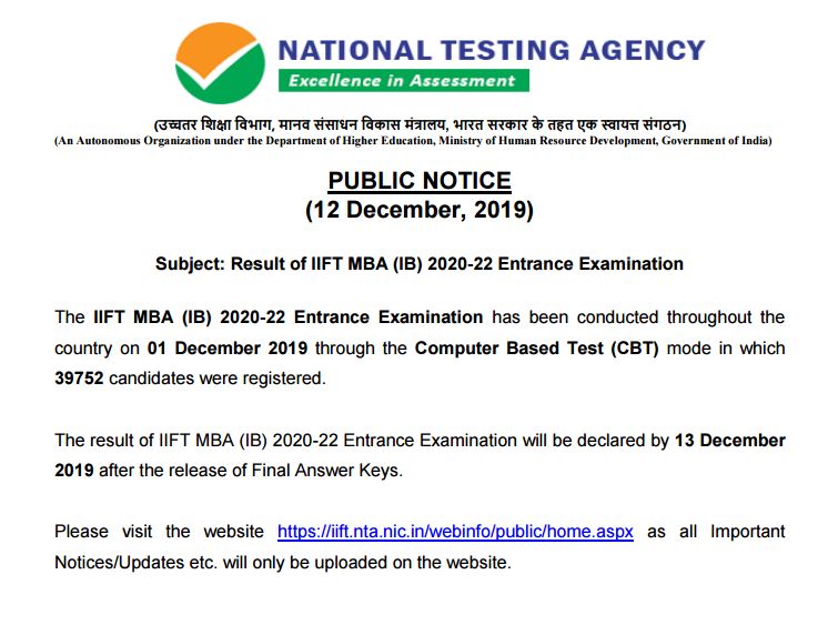 IIFT 2020 result notice