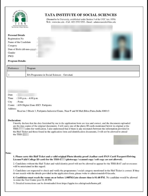 TISSNET 2021 sample admit card