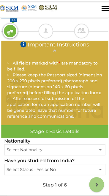 nationality details step 3 application form of SRMIST