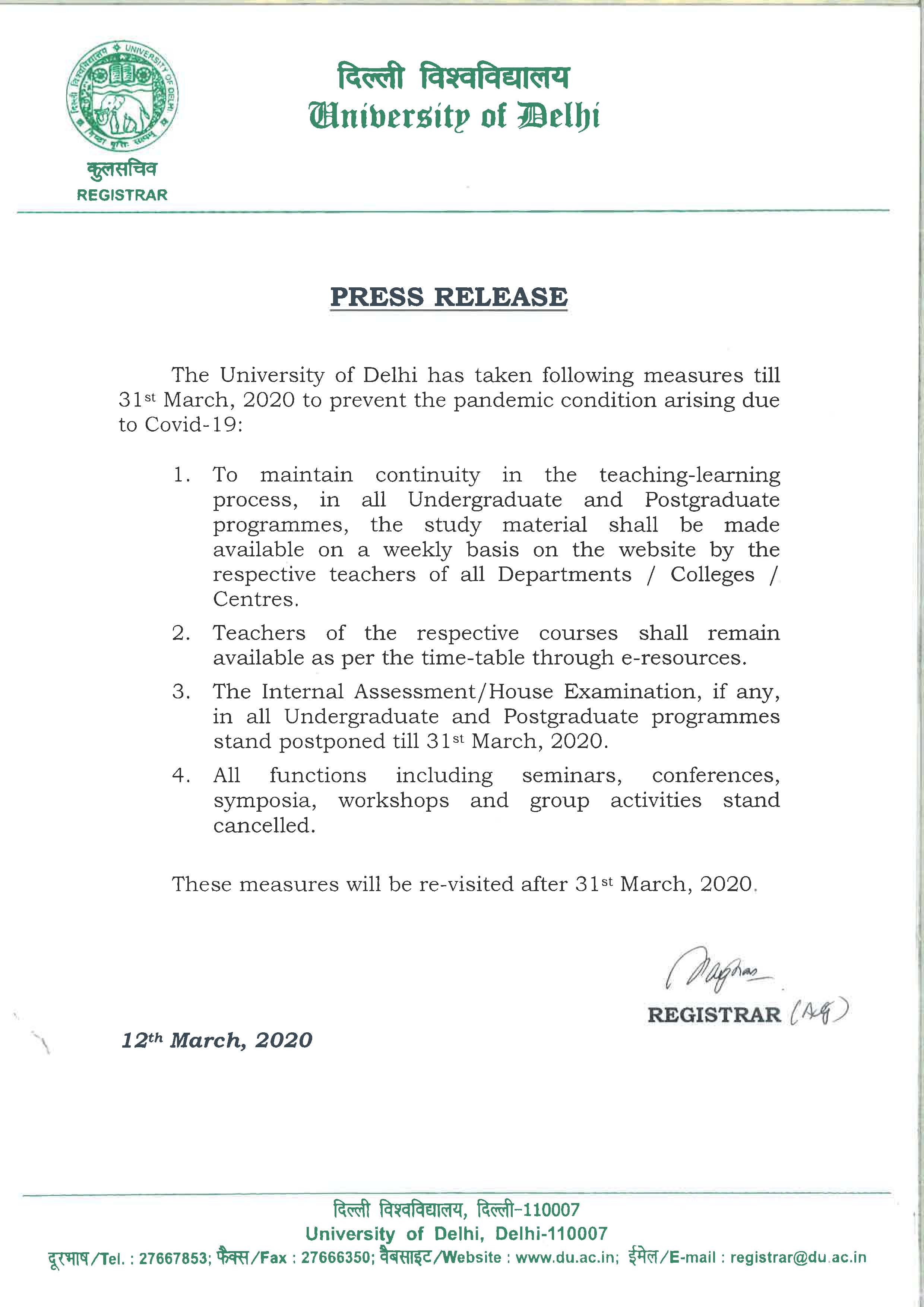 Delhi University Coronavirus