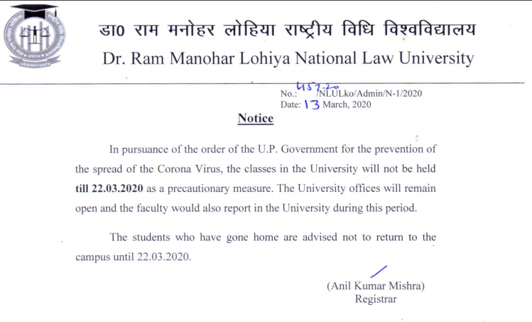 RMLNLU Precautions for Coronavirus