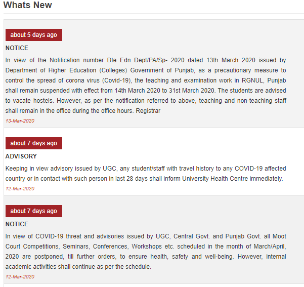 RGNUL Precautions for Coronavirus