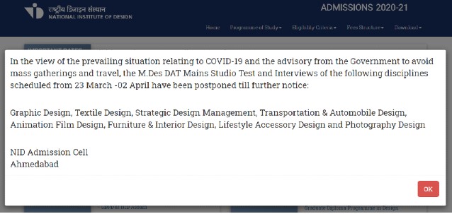 NID DAT Mains Postponed for all MDes Courses 2020