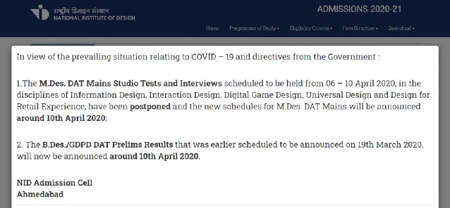 NID Admission Schedule for MDes and BDes result date notification