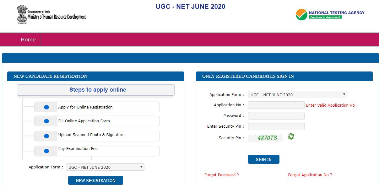 UGC NET application form 2020 window
