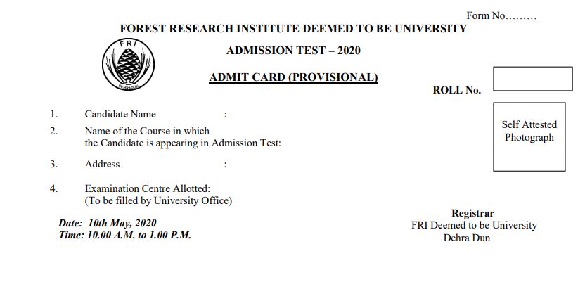 FRI Entrance Exam Admit Card
