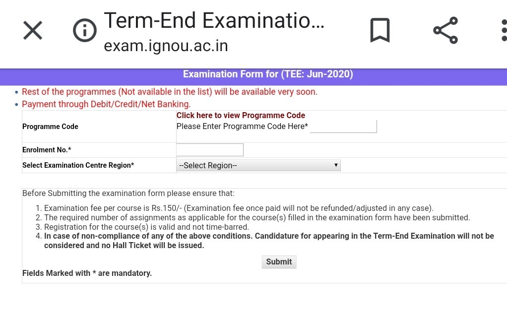 IGNOU TEE application step 3
