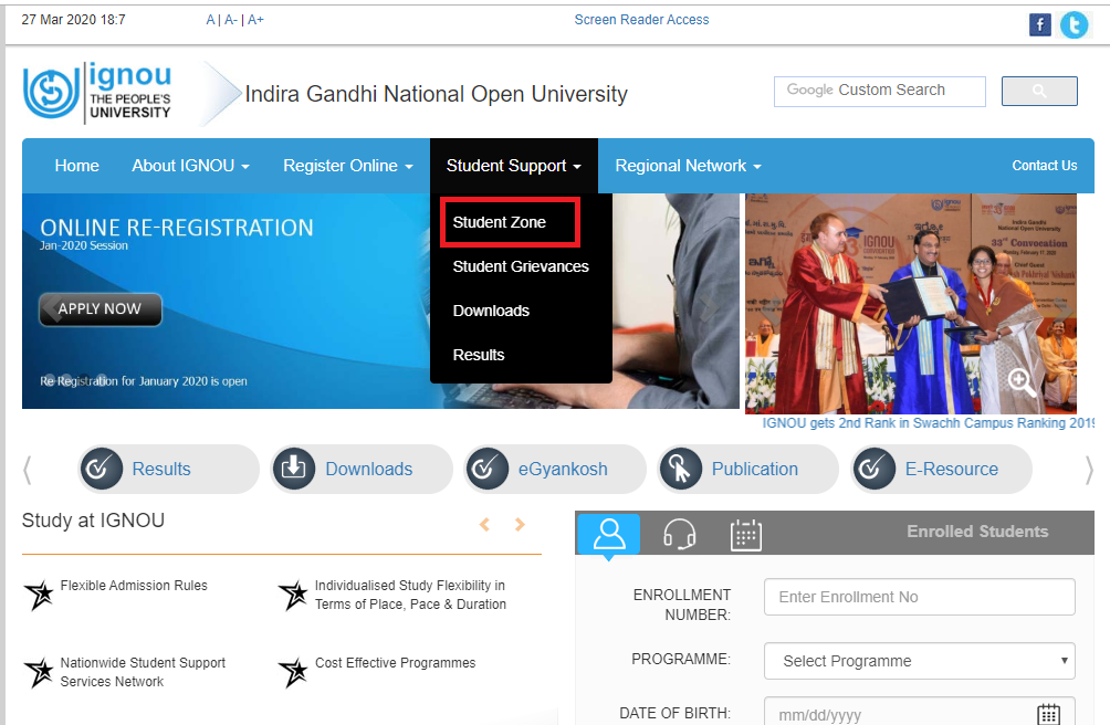 IGNOU improvement exam step 1