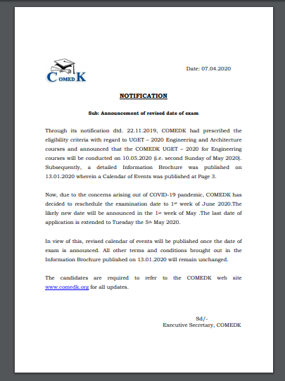 COMEDK UGET 2020 exam postponed