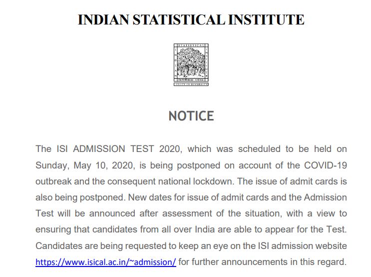 ISI Admission Test Postponed