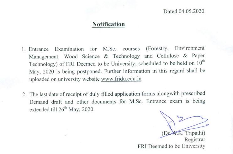 FRI Enrtance Exam Postponed 2020