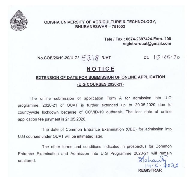 OUAT Entrance Exam Last Date is May 22