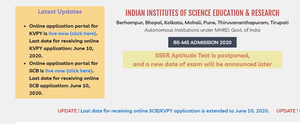IISER 2020 Application Date
