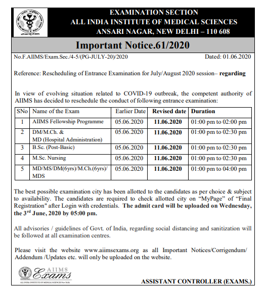 AIIMS Nursing 2020 Revised Exam Dates Notice