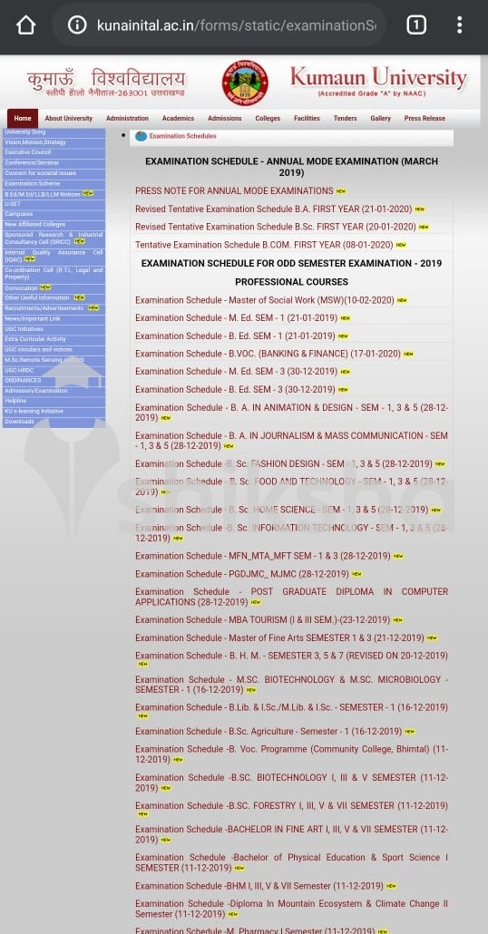 Kumaun University Exam Timetable Link