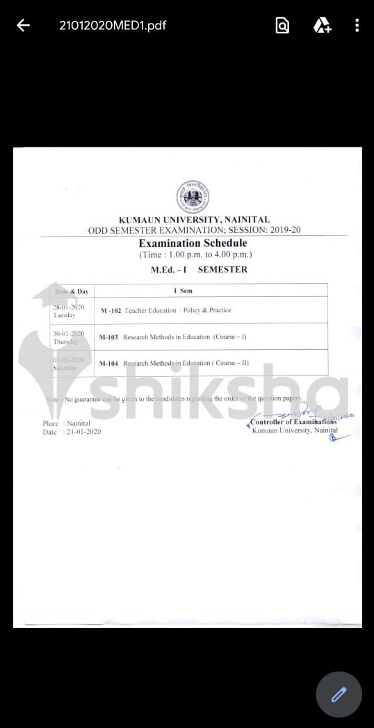 Kumaun University Exam Timetable
