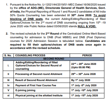 DNB counselling 2020 second round rescheduled