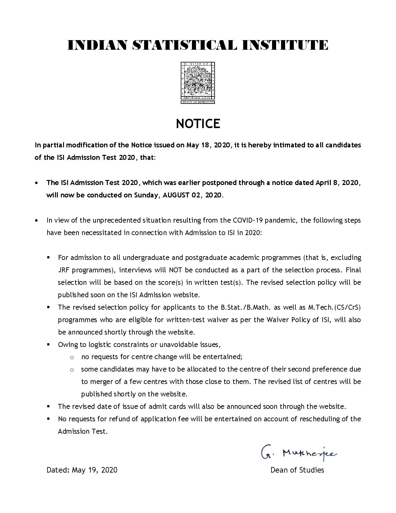 ISI Admission Test Admit Card