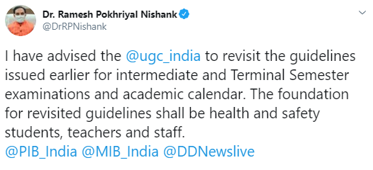 Union Minister Ramesh Pokhriyal's tweet