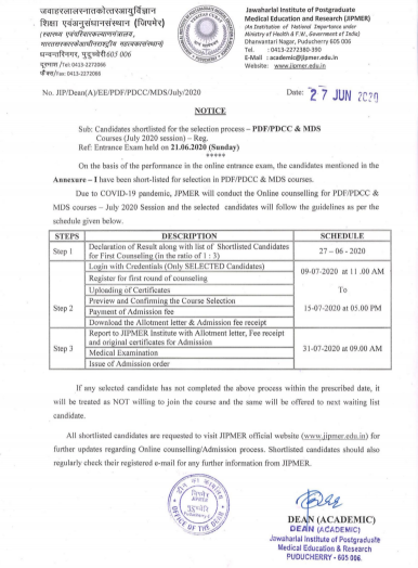 JIPMER MDS Counselling 2020 notification