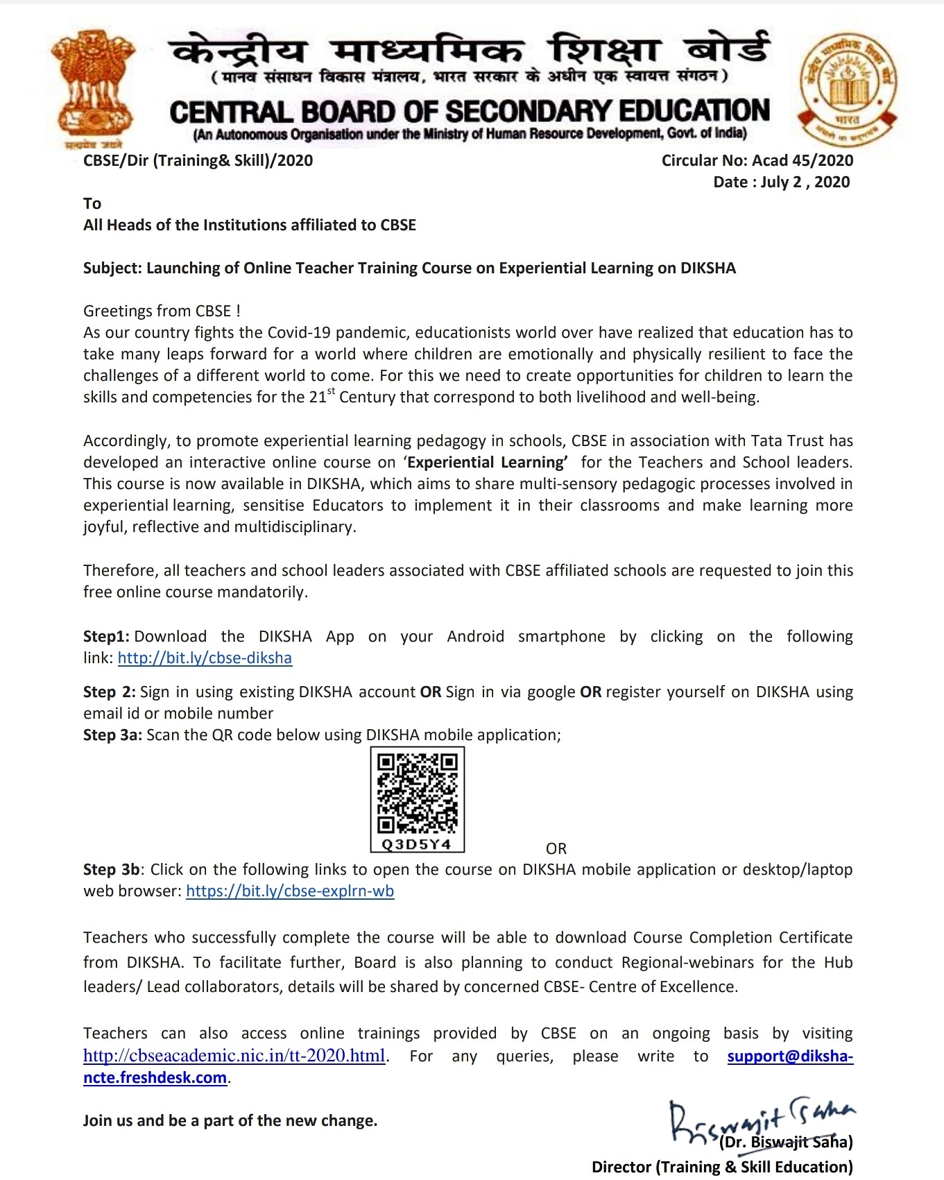 CBSE's official notice on online teacher training programme