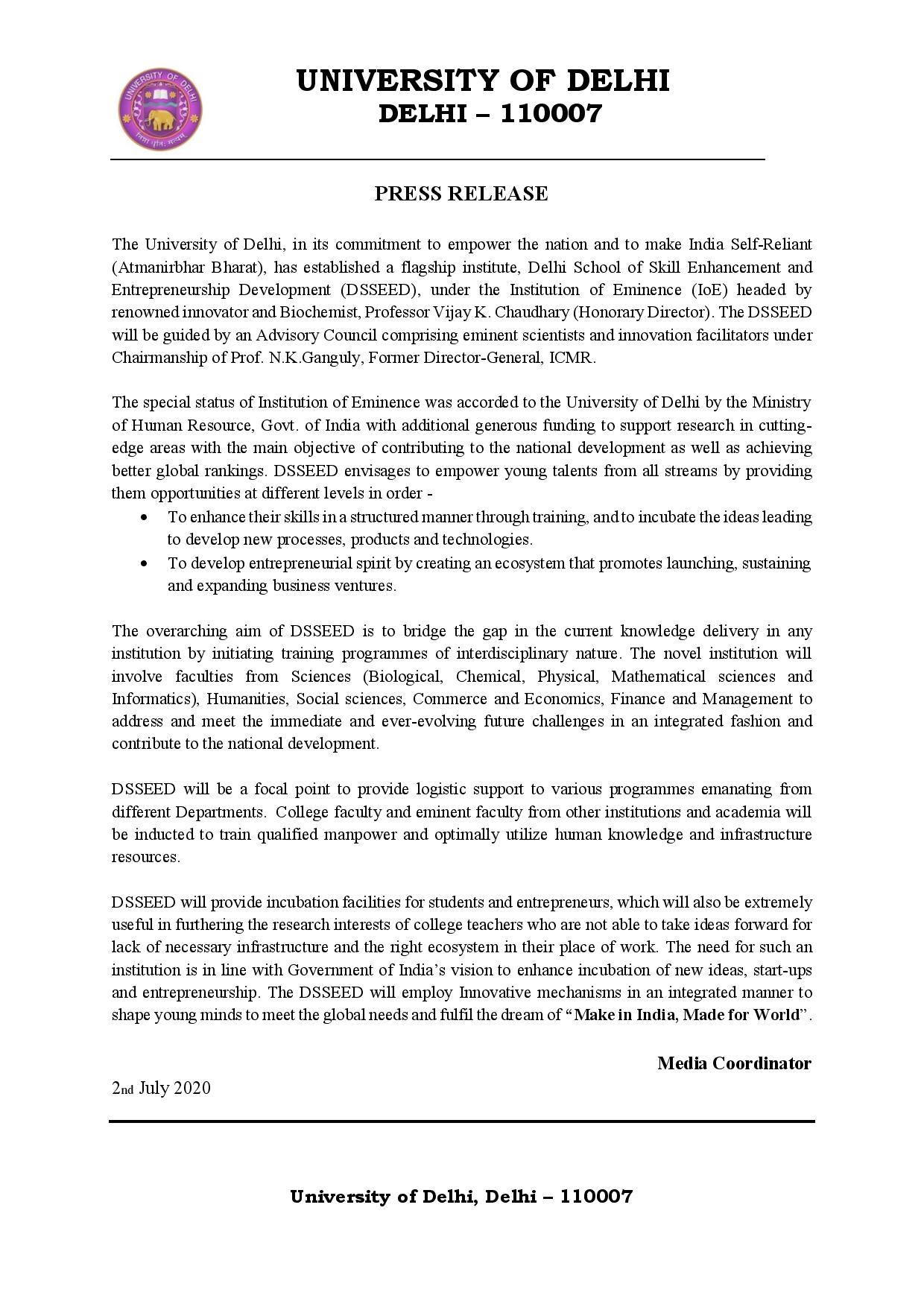 DU Notification on Establishment of DSSEED