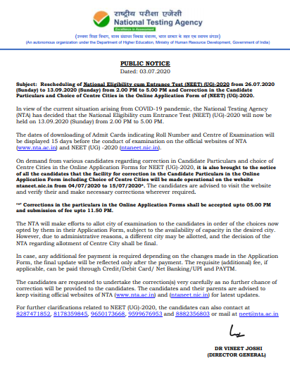 NEET 2020 correction window reopens