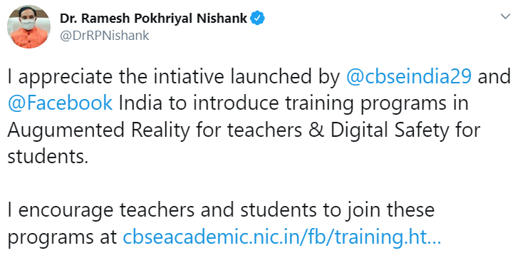 HRD Minister's tweet appreciating CBSE's initiative 