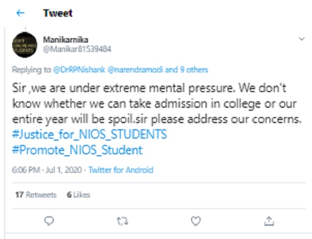 Student tweet against NIOS decision
