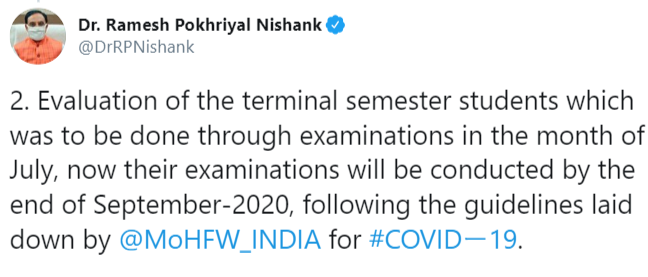 MHRD's tweet on UGC's revised guidelines 