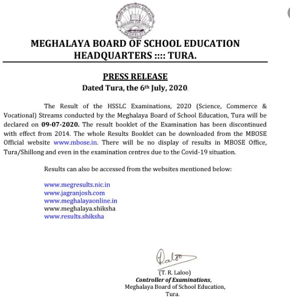 MBOSE Notice Regarding MBOSE HSSLC Results 2020 Date