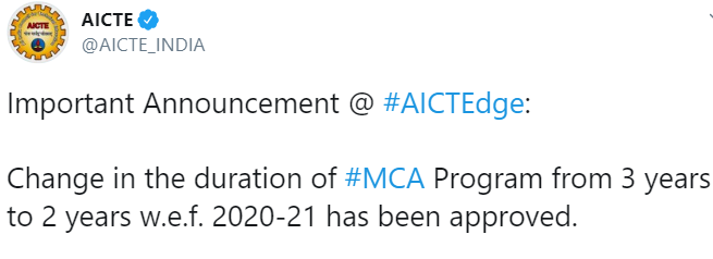 AICTE's tweet regarding change in MCA's duration
