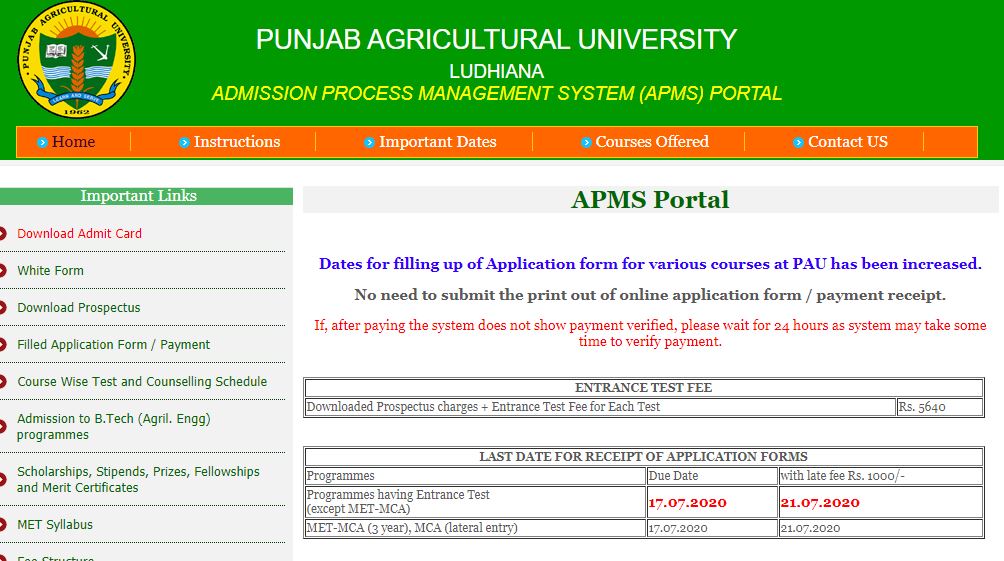 PAU Entrance Exam Application Deadline Increased