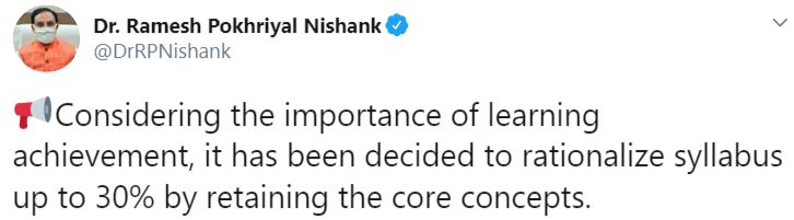 MHRD's tweet regarding CBSE's reduced syllabus