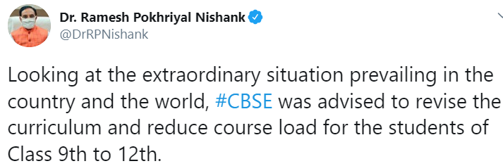 MHRD's tweet regarding CBSE's reduced syllabus