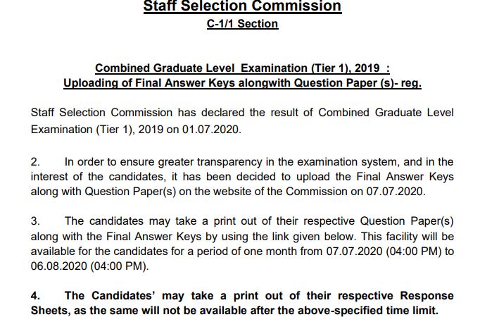 SSC CGL final answer key 2020 for tier-I out