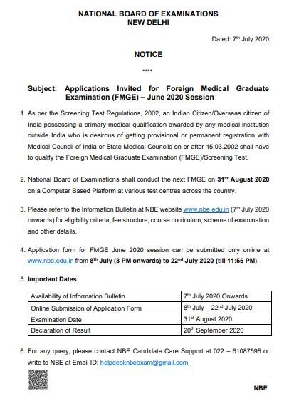 FMGE 2020 notification