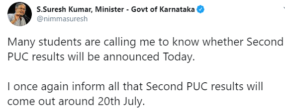 Tweet regarding Karnataka 2nd PUC results date