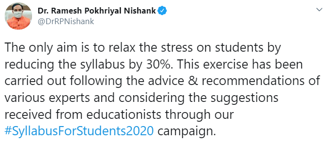 MHRD'S tweet against CBSE syllabus reduction controversy