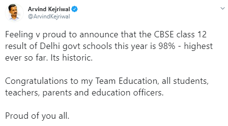 Arvind Kejriwal's tweet on CBSE 12th Result 2020