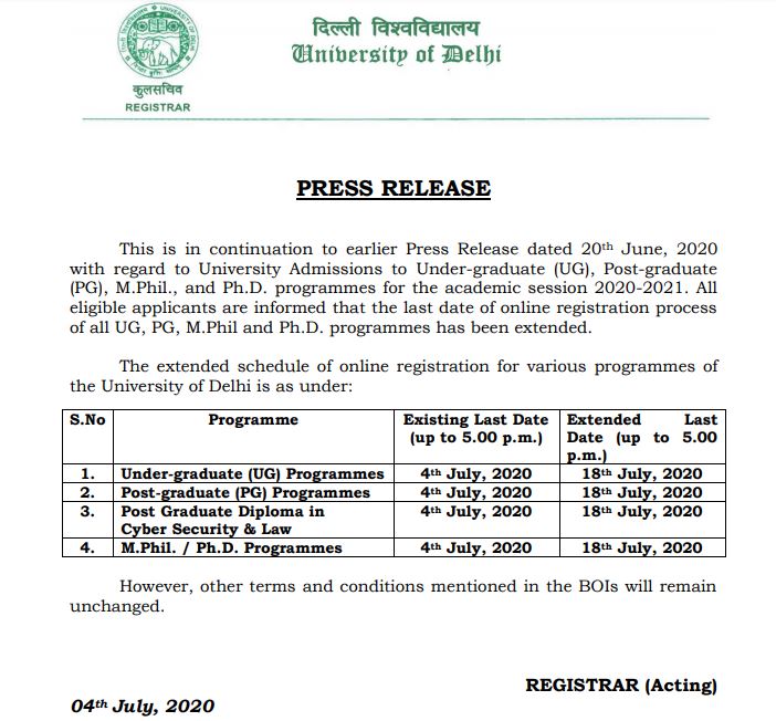 Delhi University Press Release July 4