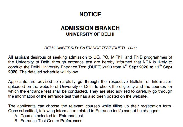 DUET Admissions Entrance Test Notice 2020 