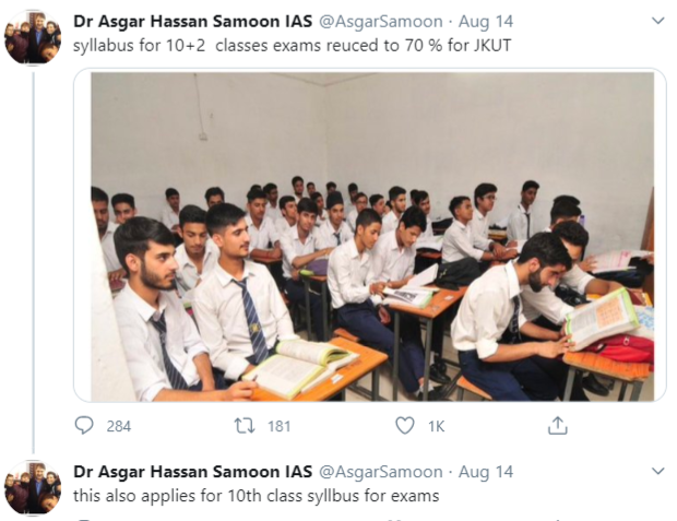 official tweet regarding the JKBOSE 10th, 12th syllabus reduction
