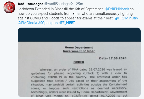 Tweet about extension of lockdown in Bihar