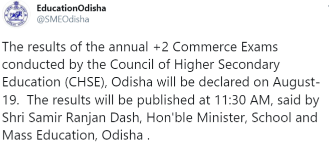 Odisha Education Board's tweet announcing Odisha 12th Commerce Stream Results date and time