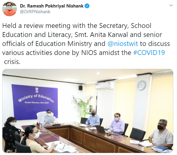 Education Minister's tweet regarding NIOS Review Meeting