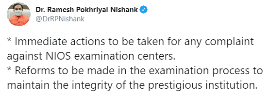 Education Minister's tweet regarding NIOS Review Meeting